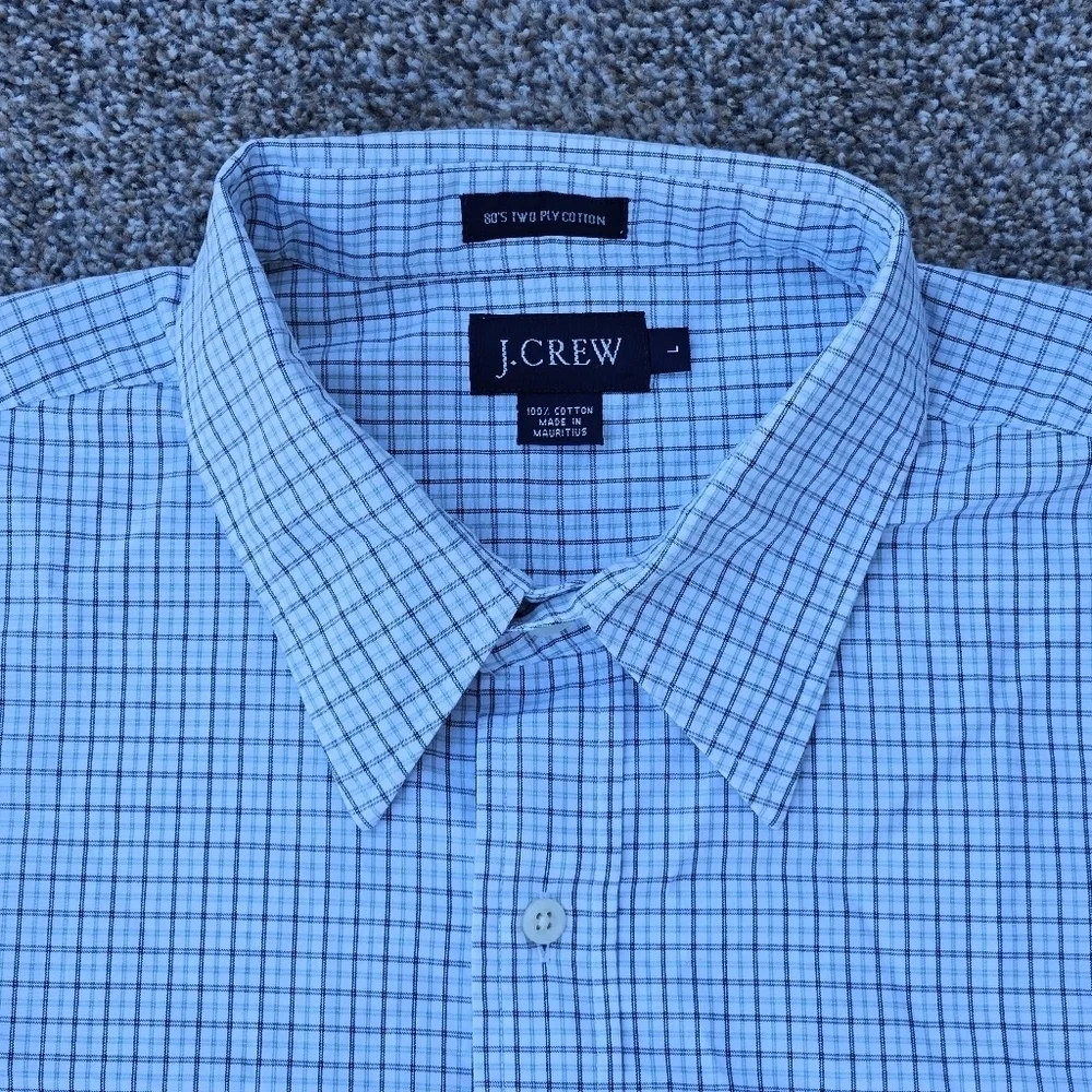 J Crew 80s 2 Ply Cotton LS Button Down Blue White Plaid Shirt Mens Large 16-16.5